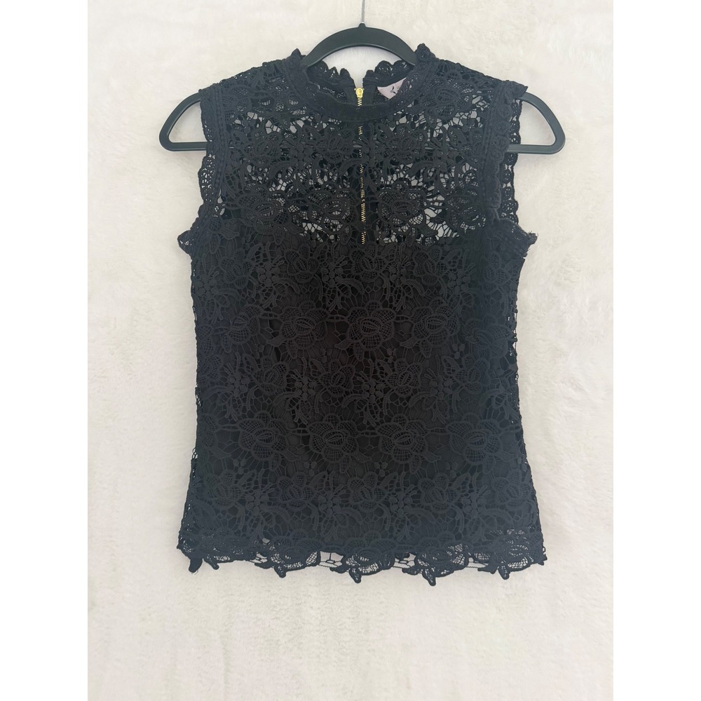 Nanette Lepore Black Floral Lace Sleeveless High Neck Zip‎ Back Top XS